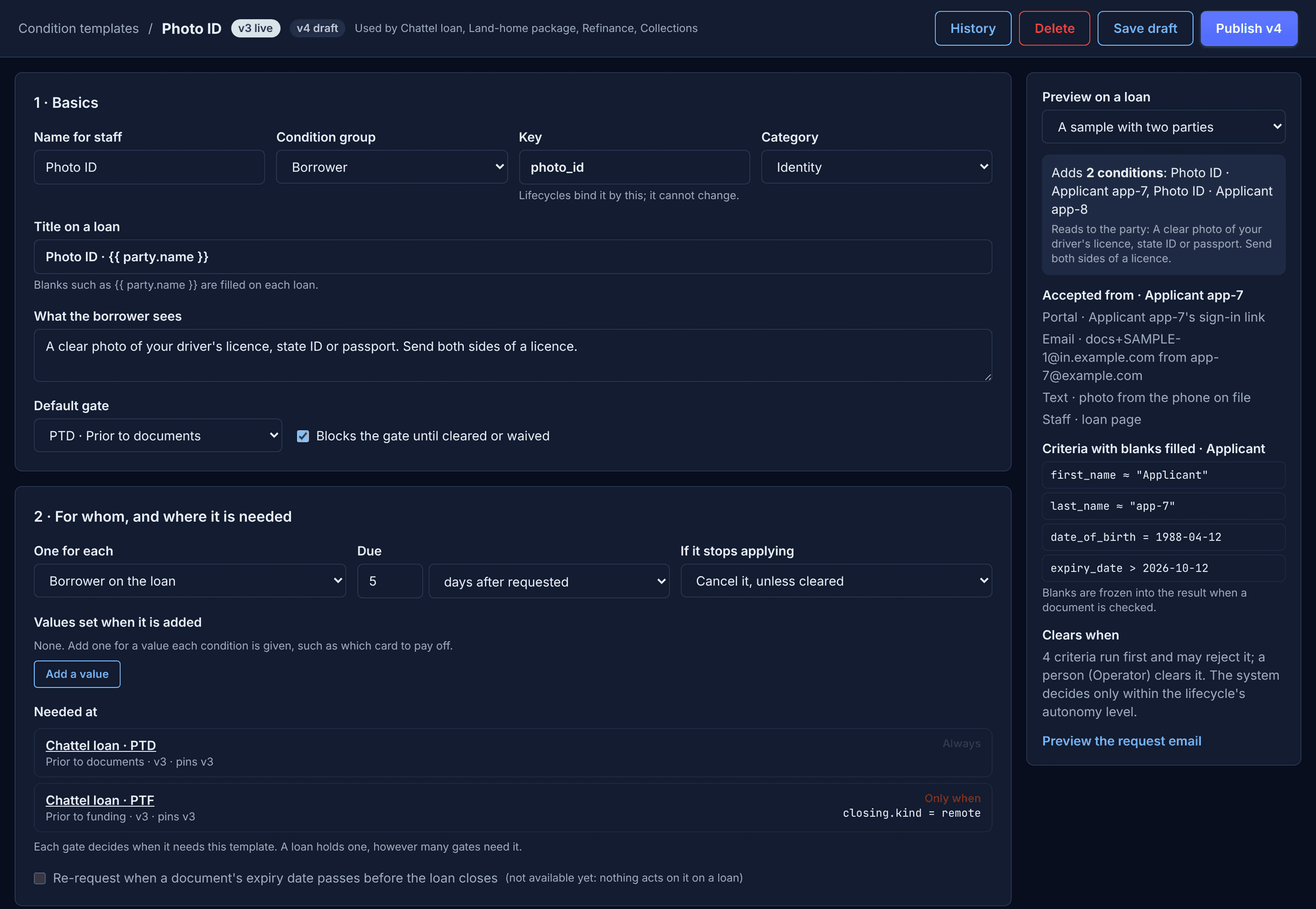 Miji's condition template editor for Photo ID at version 4: the staff name and borrower wording, the default gate, one per borrower, a due date, where it is needed with the rule at each gate, and a preview on a sample loan.
