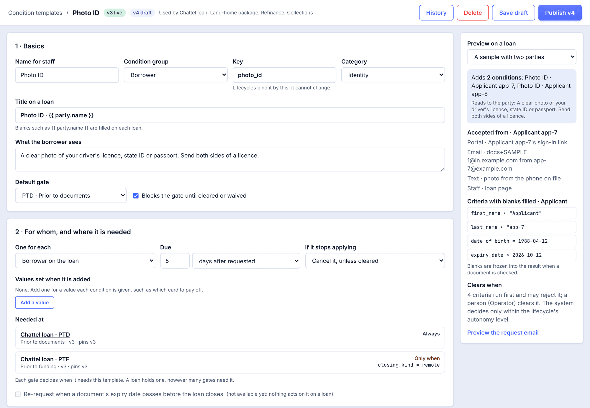 Miji's condition template editor for Photo ID at version 4: the staff name and borrower wording, the default gate, one per borrower, a due date, where it is needed with the rule at each gate, and a preview on a sample loan.